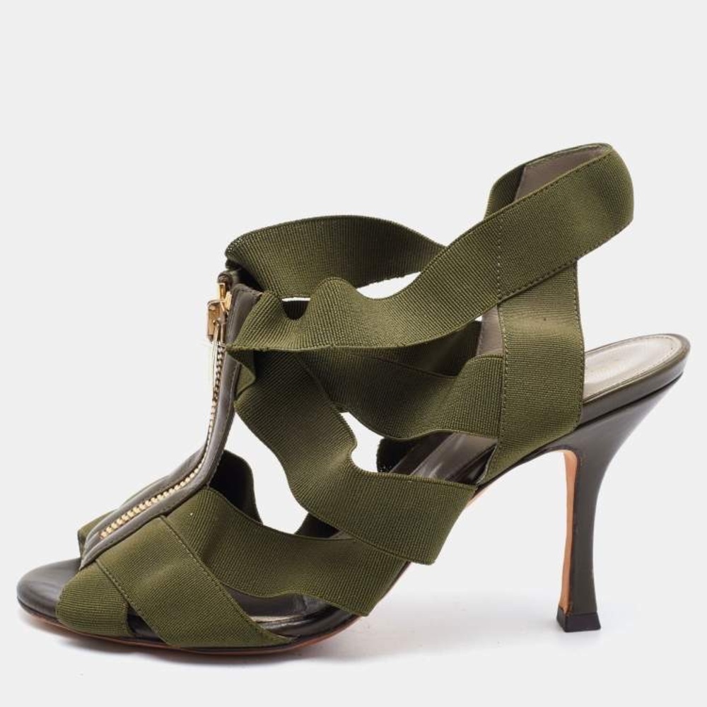 Sergio Rossi Olive Heels Leather and Stretchy Band with Gold Zipper Women’s 7